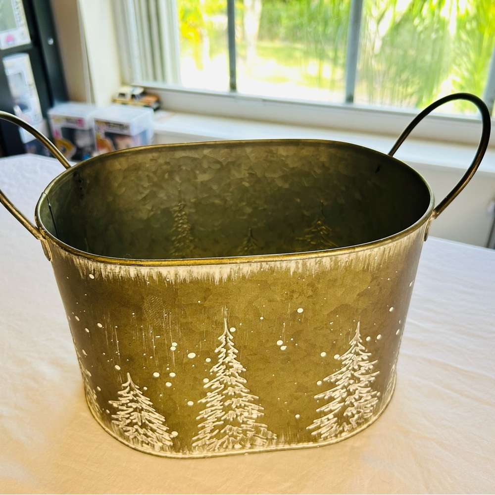 Metal Christmas centerpiece planter with Winter Tree Design